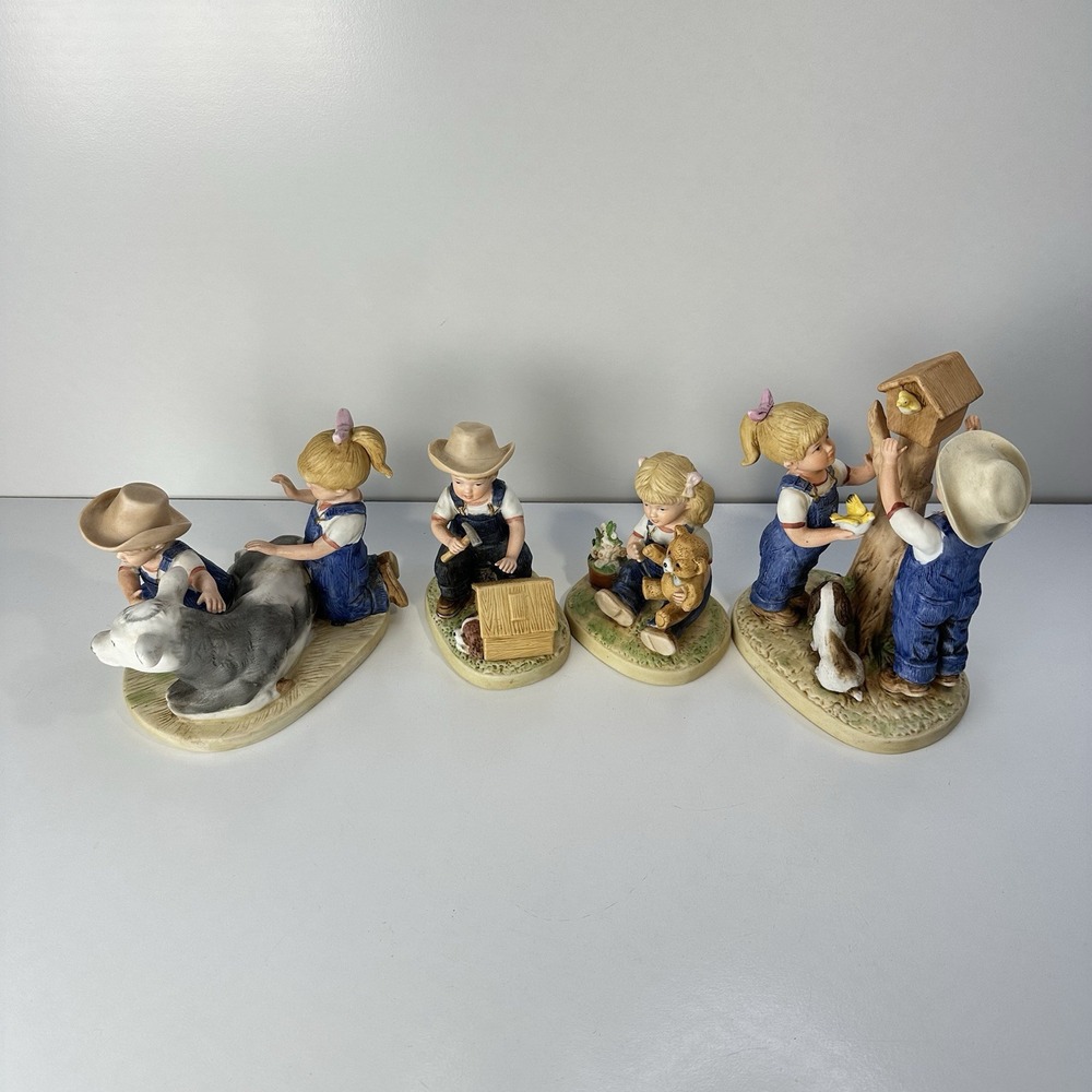 1985 Homco Denim Days Figurine Lot - Boy and Girl Scenes Birdhouse Cow Set of 4